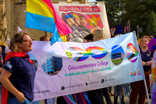 Gloucestershire College celebrates pride in Gloucester with a pride banner.